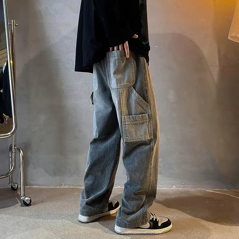 Punk Hip Hop Baggy Straight Man Cowboy Pants Men's Jeans with Pockets Grunge Y2k Trousers High Quality Luxury Loose