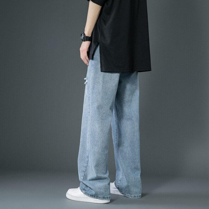 Spring Summer Men's Ripped Wide Leg Jeans Korean Trend Straight Baggy Denim Pants Male Vintage Blue Trousers