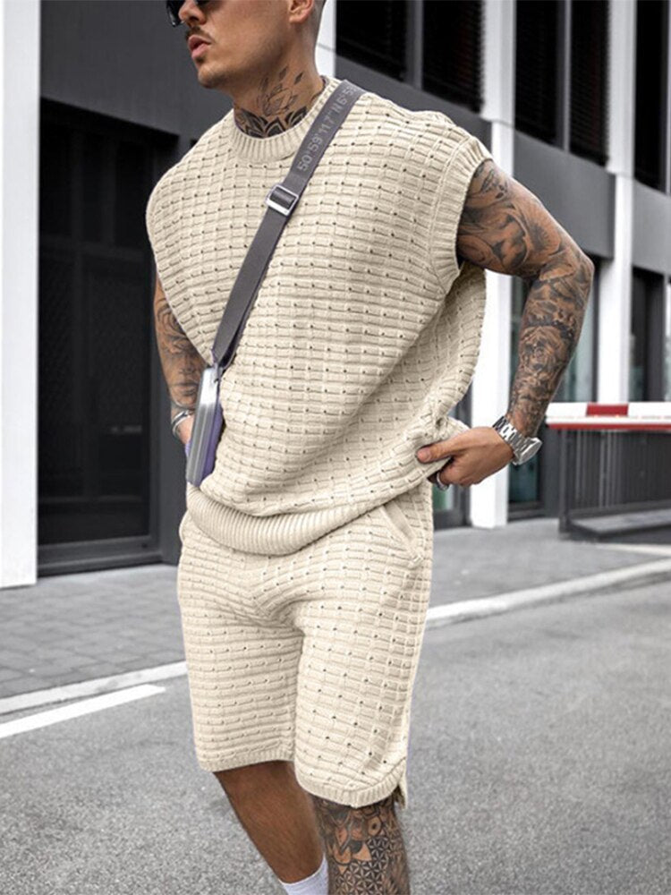 Streetwear  Summer Men Fashion Outfits Knitted Solid Color Loose Two Piece Sets Mens Casual O Neck Pullover And Shorts Suits