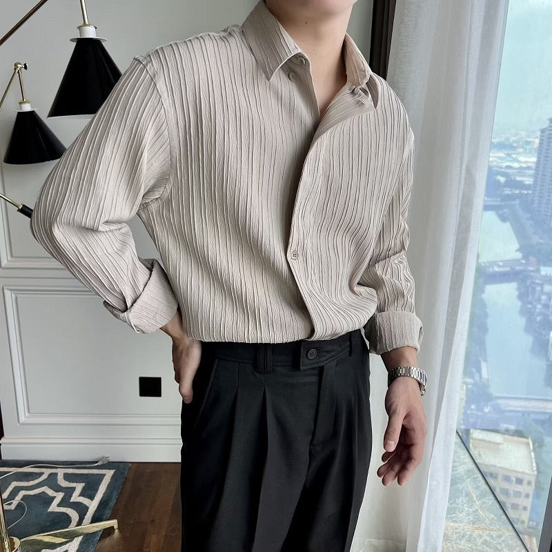 High Quality Classic Mens Shirt Long Sleeve Pleated Thin Shirts Top Men Clothing Autumn Fashion Buttoned Lapel Shirt Streetwear