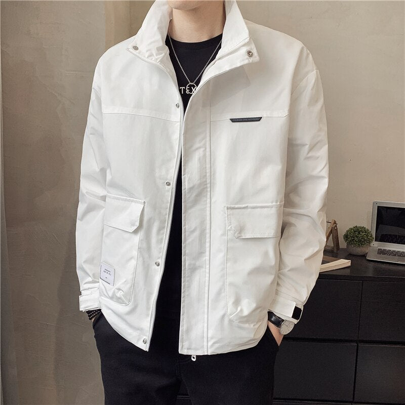 Spring New Men's Stand Collar Thin White Jacket Korean Style Fashion Casual Solid Color Jacket Male Trend Brand Coat