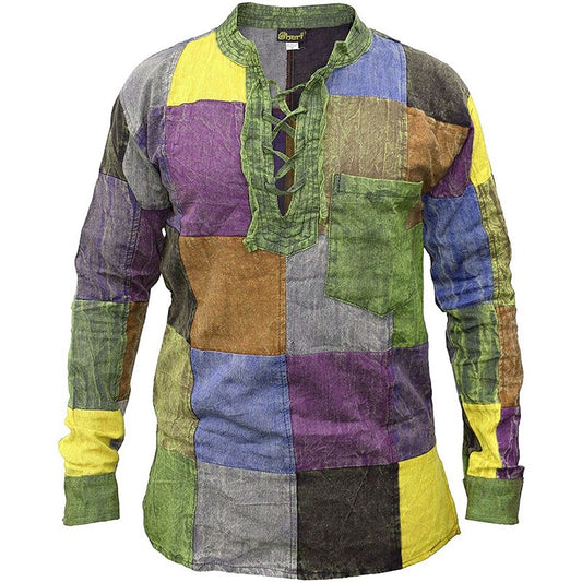 Vintage Color Block Patchwork Long Sleeve Shirts For Men Casual Lace-up Stand Collar Tops 2021 Autumn Mens Harajuku Streetwear