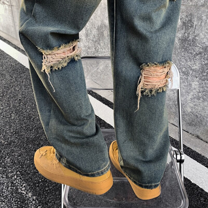 2023 Washed old torn jeans, men's summer American style street ruffians, handsome pants, trendy high street straight pants