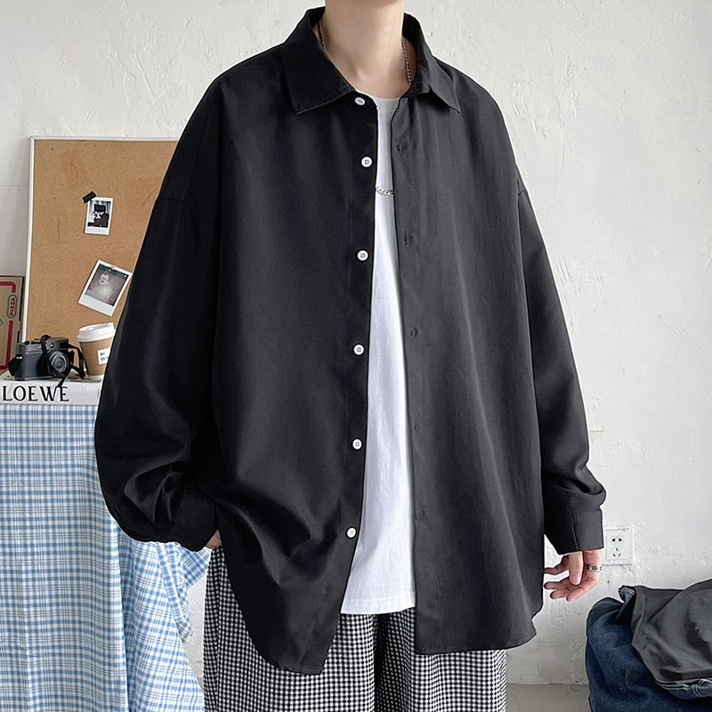 Youth Korean Fashion Black Long Sleeve Shirts 2023 Mens Harajuku Black Oversized Shirt Button Up Shirts Blouses 5XL