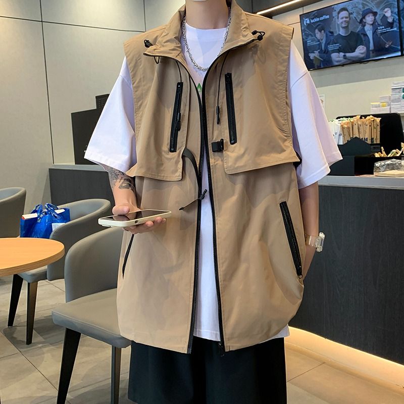 2023 Summer Fashion Men's Sloid Cool Boy Casual Loose Safari Style Tess Zipper Vest Jacket Pocket Versatile Sleeveless