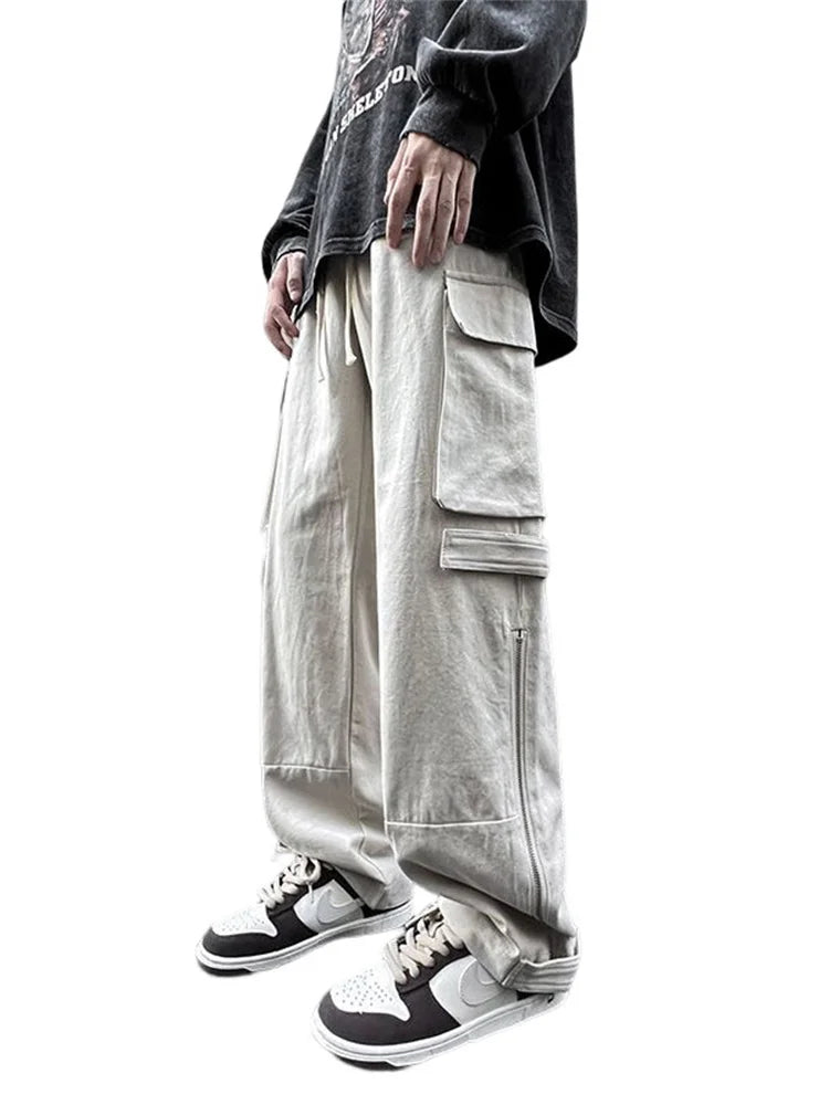 American straight tube workwear pants for men, autumn trendy high street logging wide leg pants, ruffled and handsome, loose