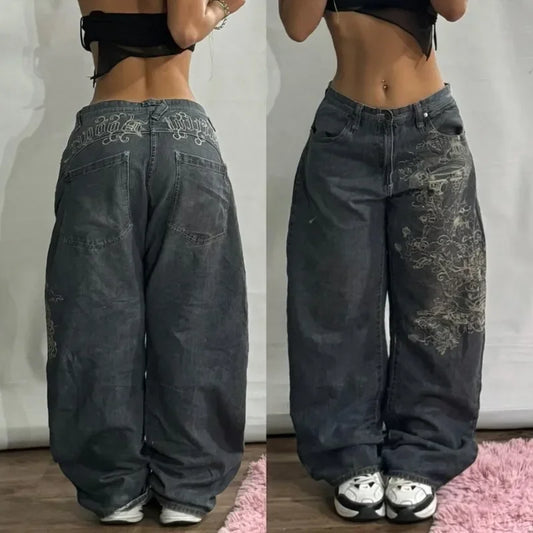 FORUWISH  -  Y2K New Harajuku Oversized American Hip Hop Print Baggy Jeans Women's  Punk Retro Casual Gothic High Waist Wide Leg Wide Pants