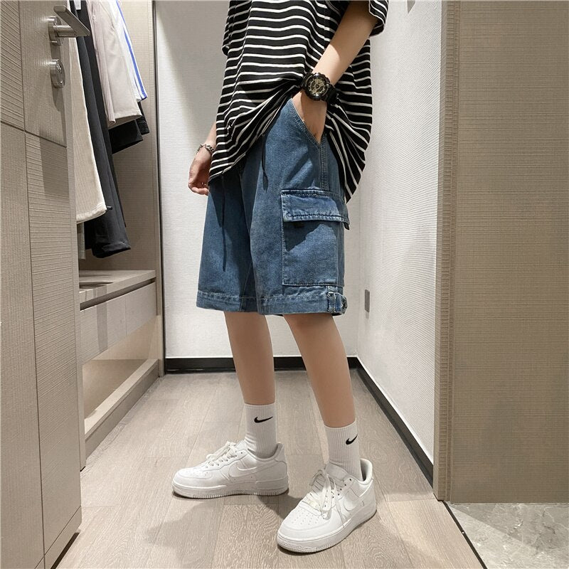 Shorts Men Loose Simple All-match Cargo Knee-length Denim Casual Pockets Fashion Harajuku Design High Waist Zipper Minimalist