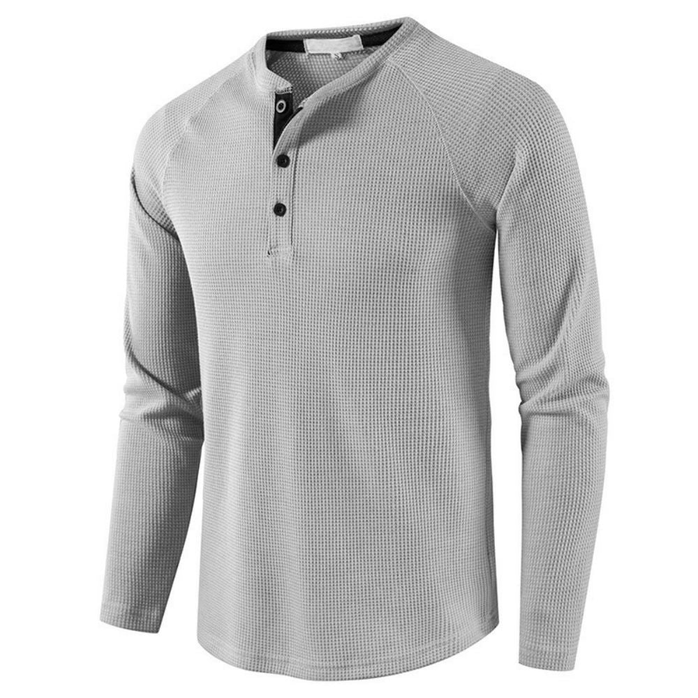 Men's Grey Waffle Mens Henley Shirt Casual Solid Breathable High Quality Shirts Regular Fit Long Sleeve Basic Tops Tees Homme