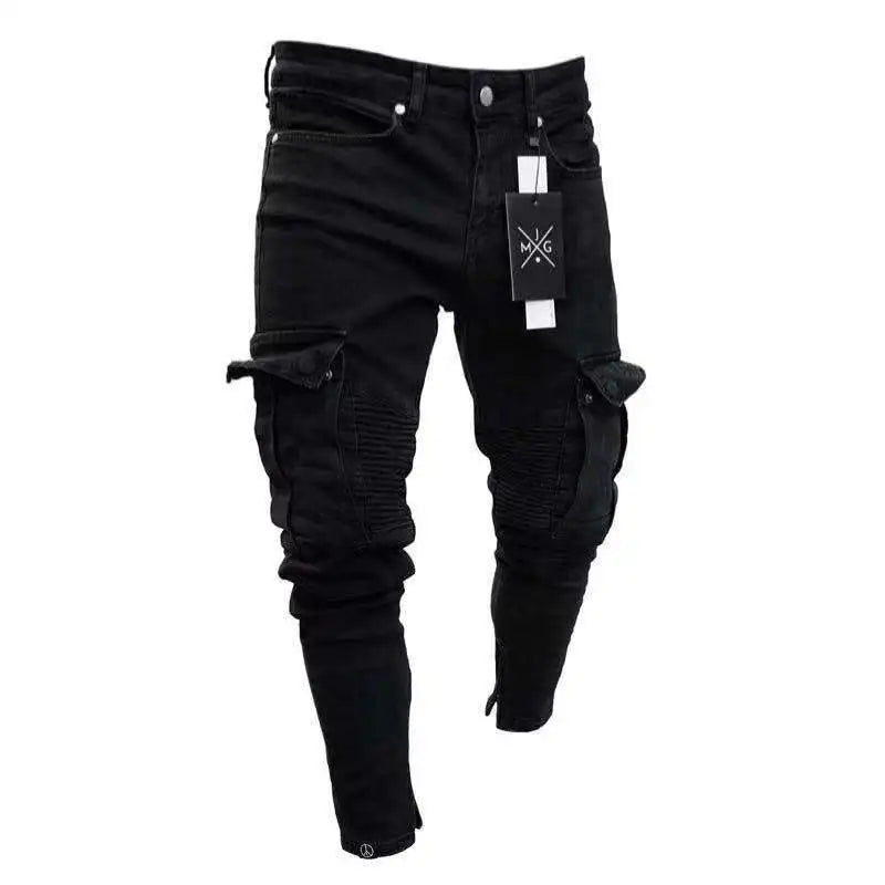 FORUWISH  -  Street Elastic Jeans Men Denim Cargo Pants Solid Color Multi Pockets Bottom zipper Casual Trousers Slim Fit Daily Wear Joggers