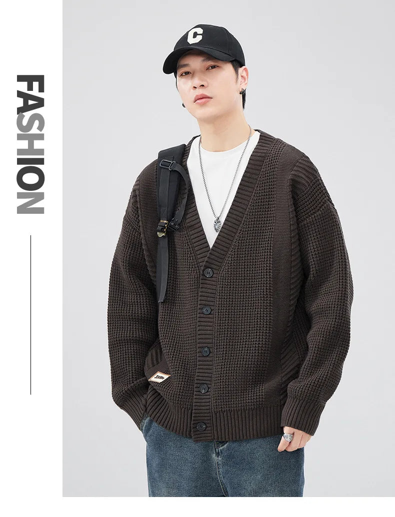 Autumn Winter Retro V-neck Cardigan Sweater Men's Trendy Loose Large Size Casual Knit Sweater Button Soft