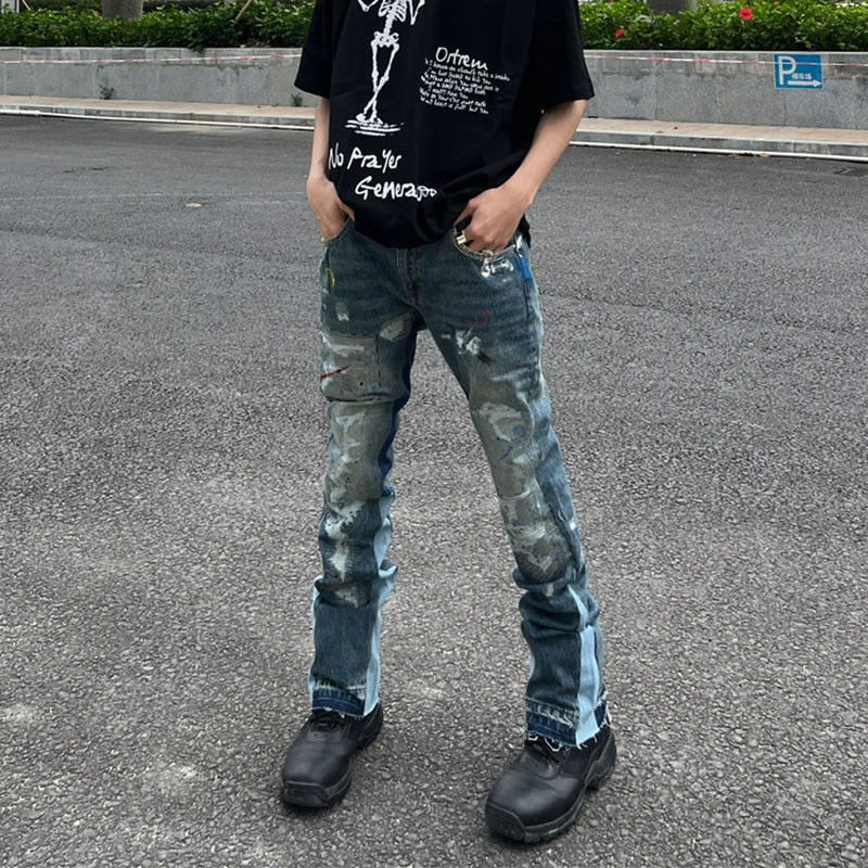 Retro Ink Splash Patchwork Ripped Jeans Flare Pants Men and Women Straight Casual Oversized Loose Denim Trousers