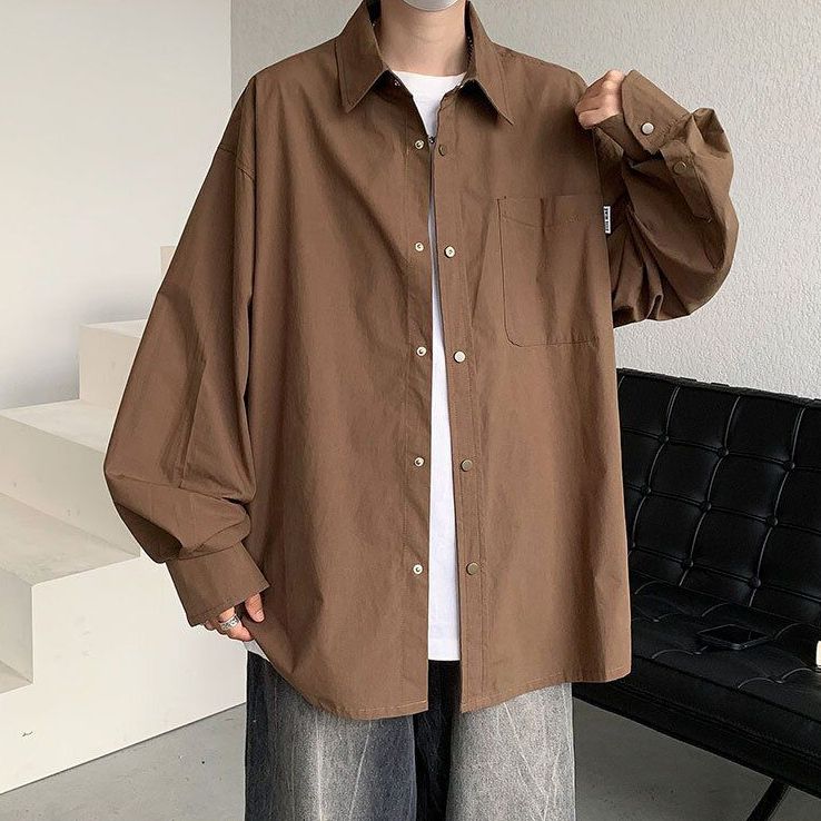 Spring Autumn Fashion Men's Solid Casual T-Shirt Loose Cool Boy Soft Versatile Tops Students Buttons Coat College Style Pocket