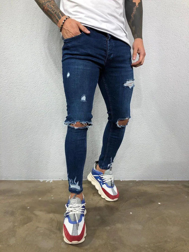 FORUWISH  -  Fashion Street Style Knee Ripped Skinny Jeans Men Vintage Wash Solid Denim Trouser Mens Casual Slim Jogging Pants Men Clothes