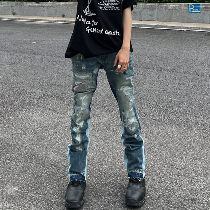 Retro Ink Splash Patchwork Ripped Jeans Flare Pants Men and Women Straight Casual Oversized Loose Denim Trousers