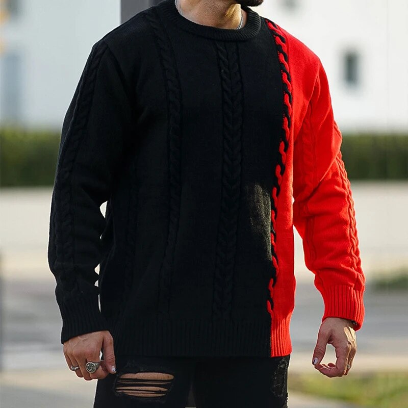 New Fashion Contrast Color Crochet Sweater Men Casual Patchwork Long Sleeve O Neck Knit Jumper Tops Mens Clothing Fall Sweaters