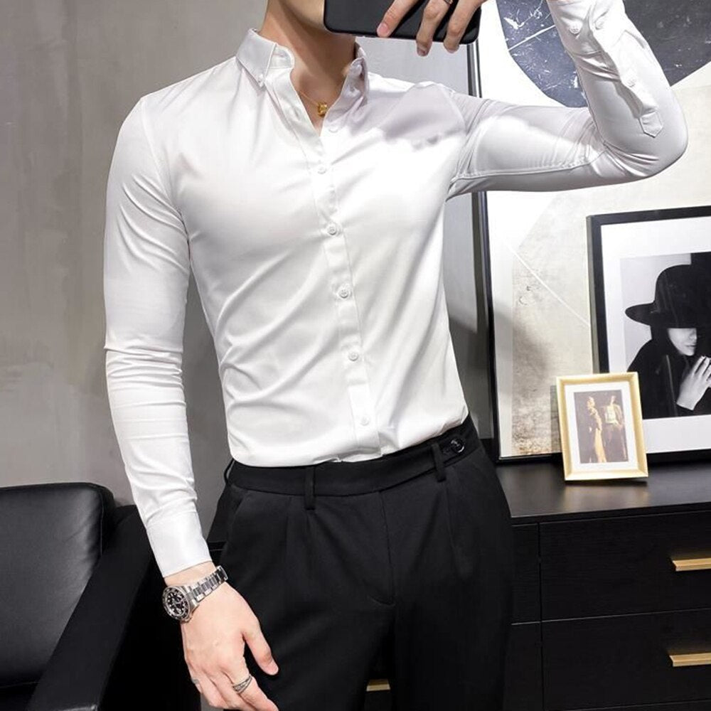 Italian Gentleman Non-ironing Slim Bright Color Men's Shirt Trendy Silky Satin British Style Formal Shirt Business Elegance