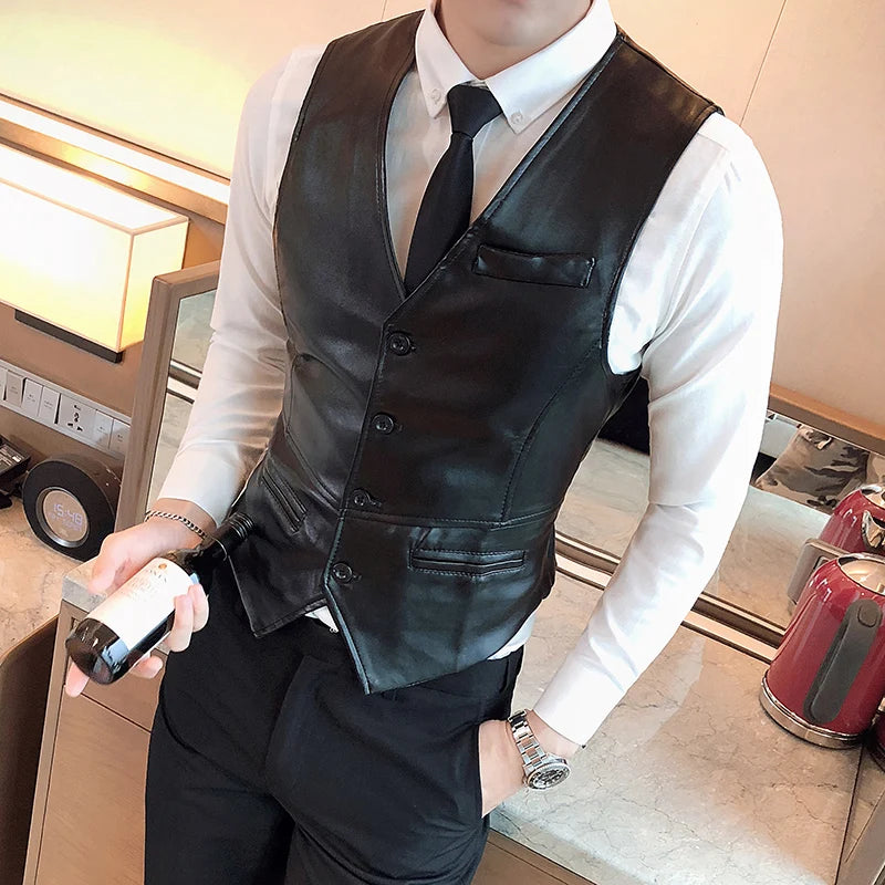 Leather Vest Men New Fashion Casual High Quality Solid Color Single Breasted Slim Large Size Business Vest Waistcoat S-5XL