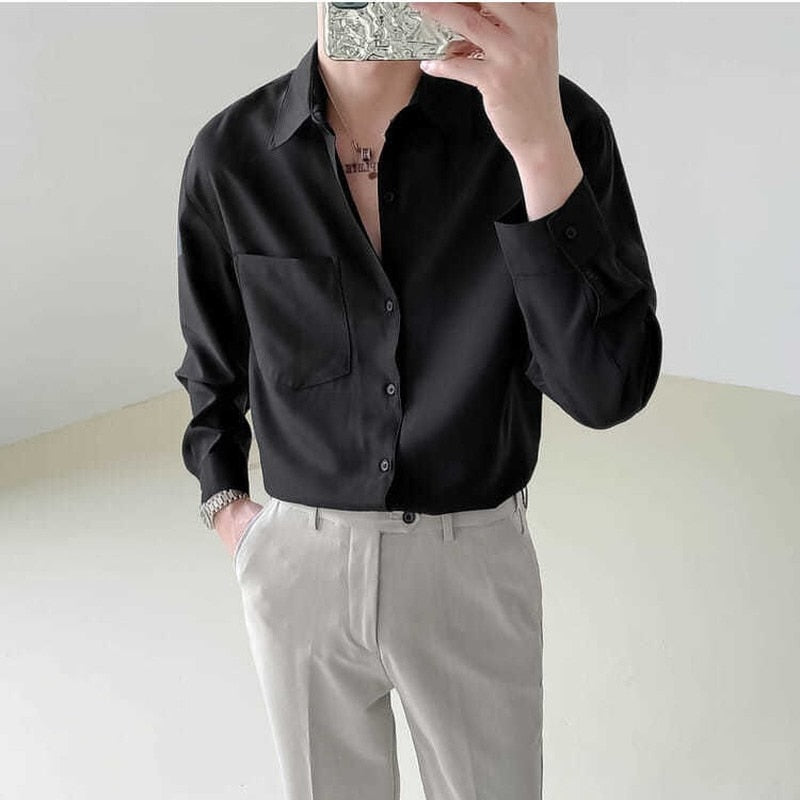 Spring New Senior Long Sleeve Button Down Shirts for Men Korean Fashion Loose Drape Solid Color All-match Men's Shirt Blouse