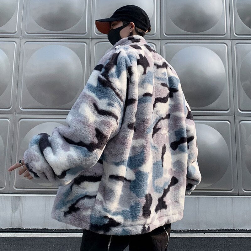 Winter New Lamb Wool Jacket Harajuku Fashion Casual Oversize Pattern Male Thicken Warm Parkas Hip Hop Loose Coat