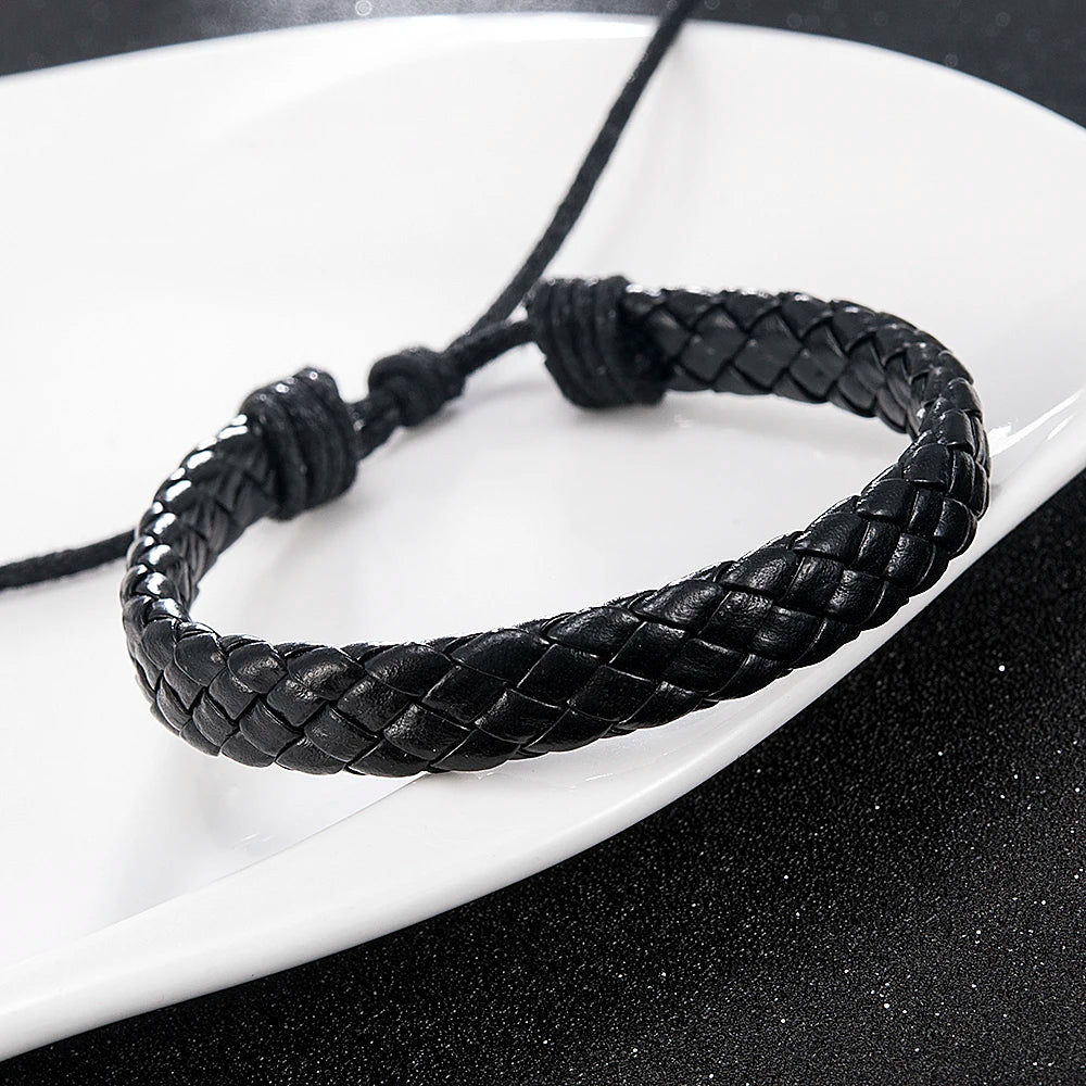 Fashion Men Black Weave Leather Simple Adjustable Bracelet Bangle Cuff Rope Bracelet Jewelry Gift For Boyfriend