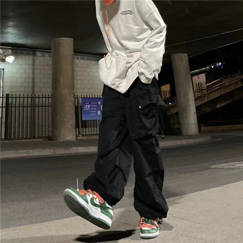 Men's Parachute-Style Hip-hop Street Overalls Oversized Pocket Trousers Harajuku Loose Solid Color Casual Pants Y2K Legged Pants