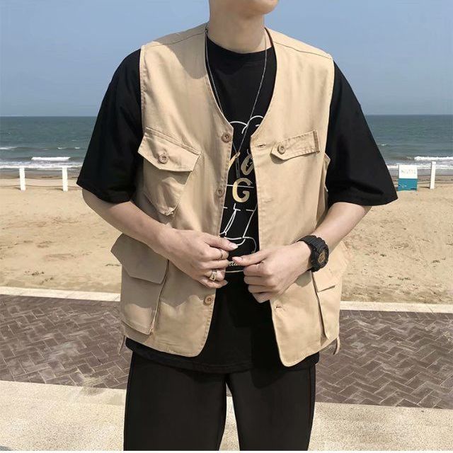 2023 Summer Fashion Men Solid  Cool Boy Casual Loose Tess Button Vest Jacket Pocket Sleeveless Versatile Working Suit Pocke