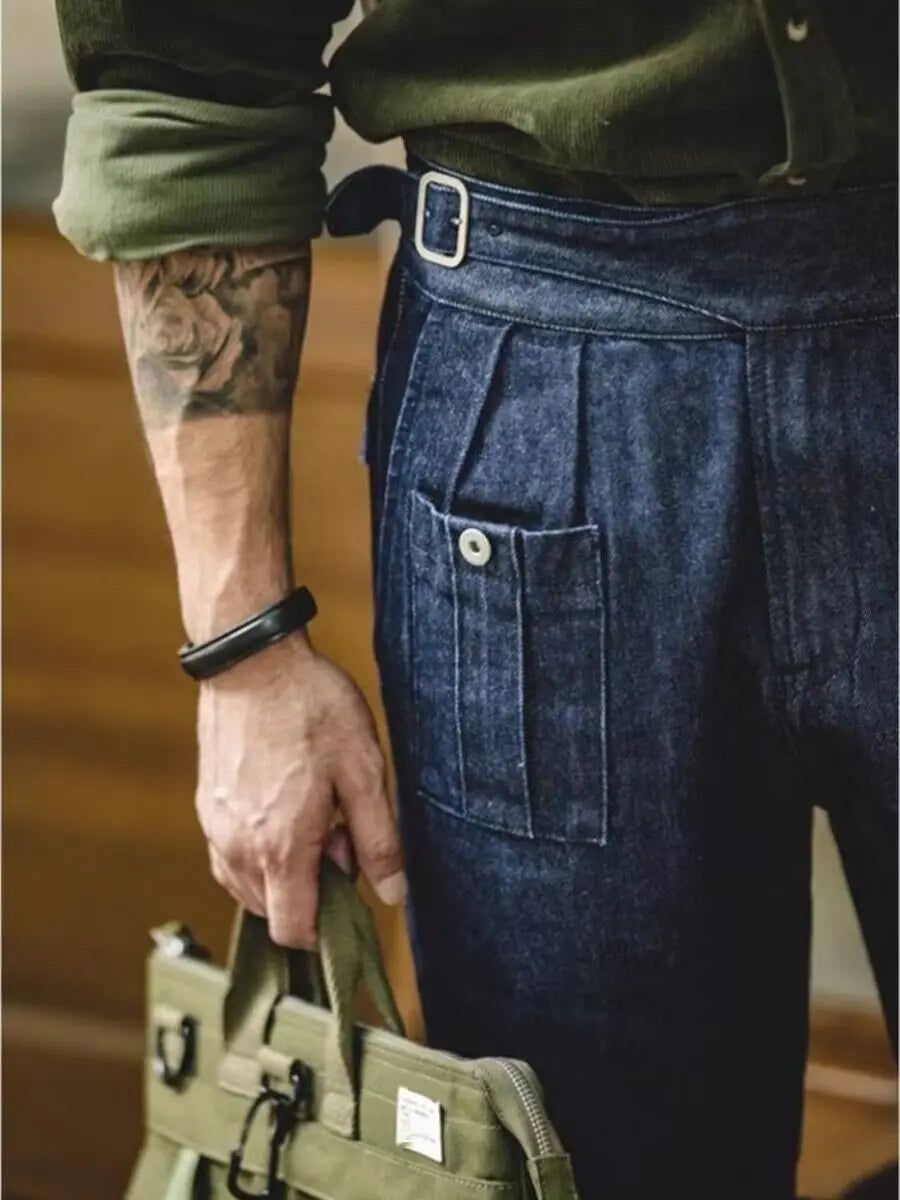 High Street Men Gurkha Jeans Cargo Pants Adjustable Waist Buckle Naples Trousers American Vintage Casual Loose Denim Pants