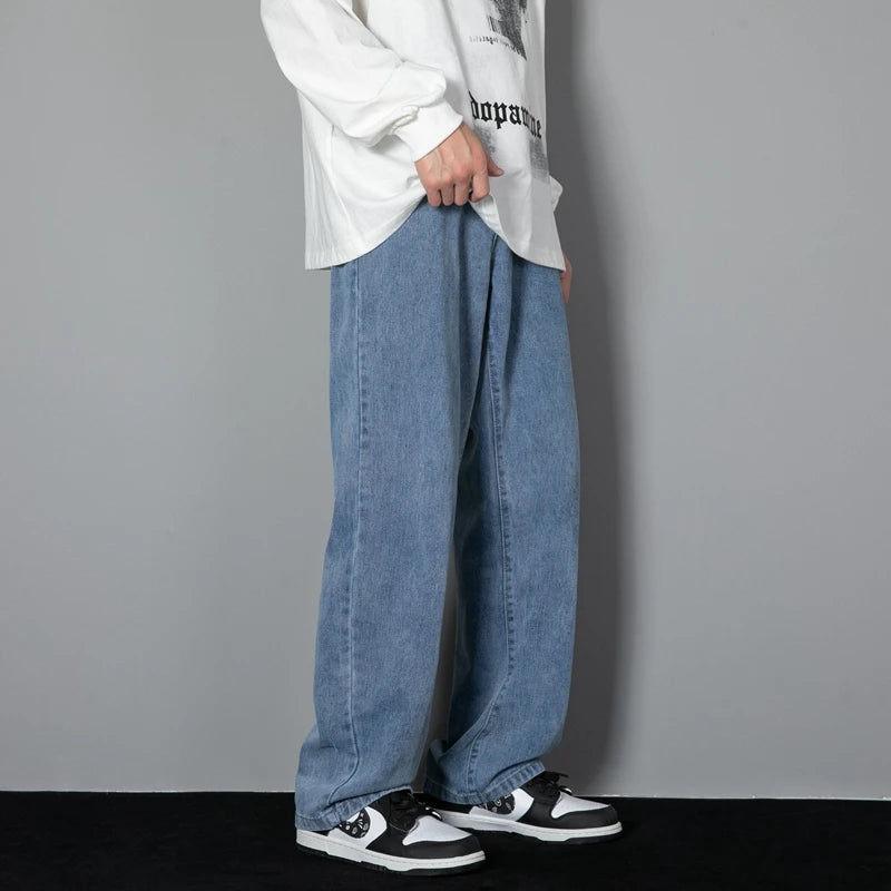 2023 New Korean Men's Casual Long Jeans Classic Man Straight Denim Wide-leg Pants Solid Color Light Blue Grey Black 3XL
