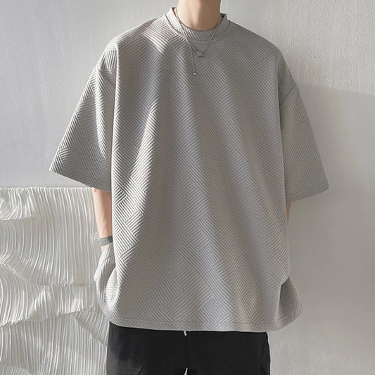 Streetwear Fashion Button-up Side Split T Shirt Mens Vintage Texture Solid Color Loose Pullover Tops Summer Men Short Sleeve Tee