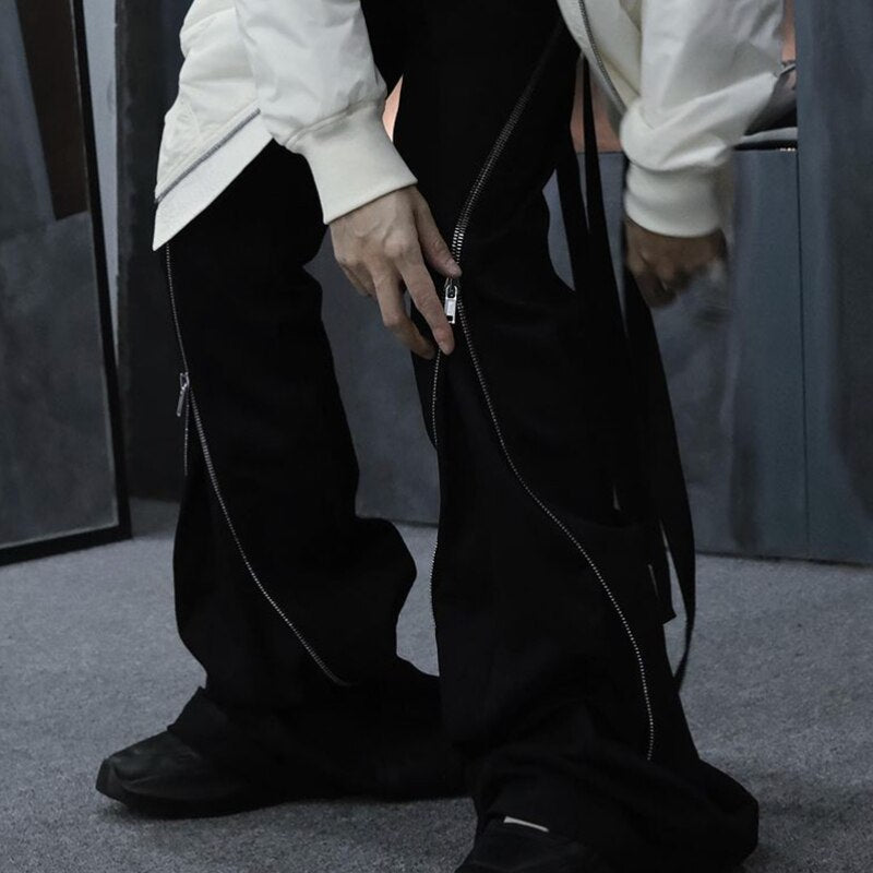 Sashes Zipper Decorate Vibe Style Black Cargo Pants for Men High Street Straight Casual Baggy Oversized Unisex Trousers