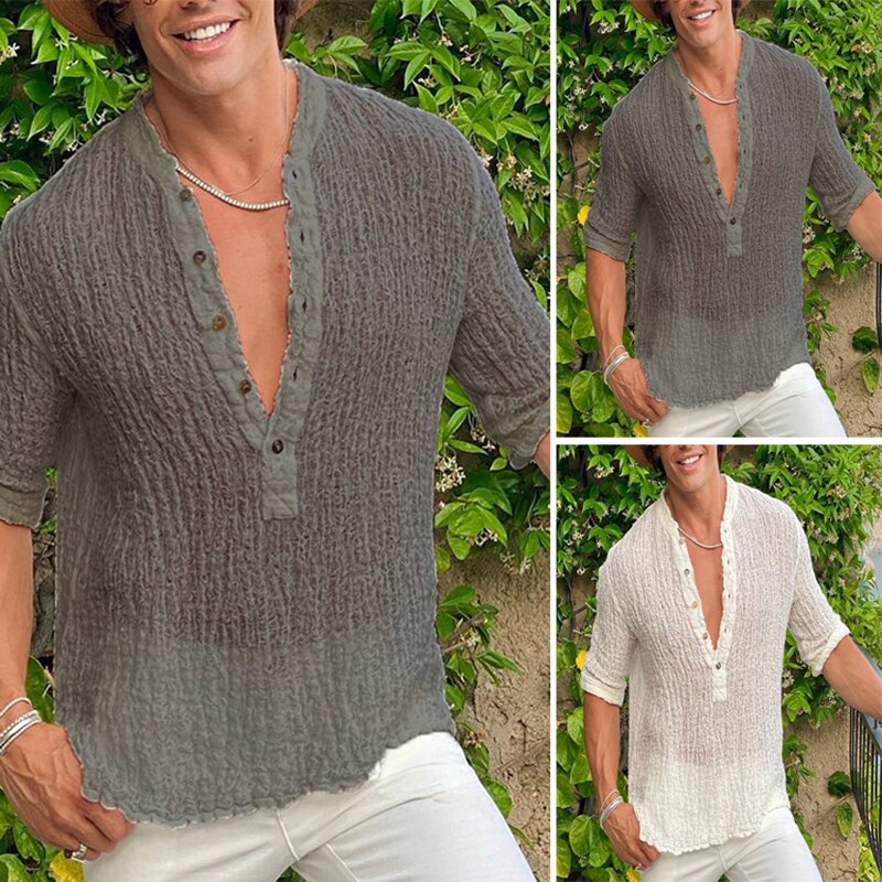 Vintage Solid Color Cotton Linen Men's Tops 2023 Spring Summer Casual Loose Half Sleeve Button V Neck Shirts Leisure Mens Shirt