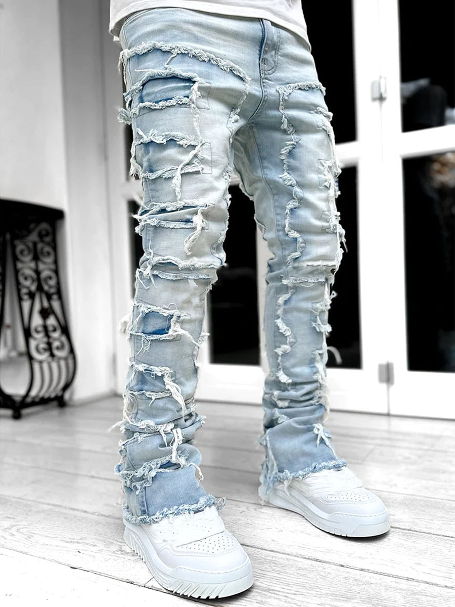 2023 Men's Distressed Ripped Jeans Slim Fit Stretch Denim Pants Straight Leg Streetwear Trousers