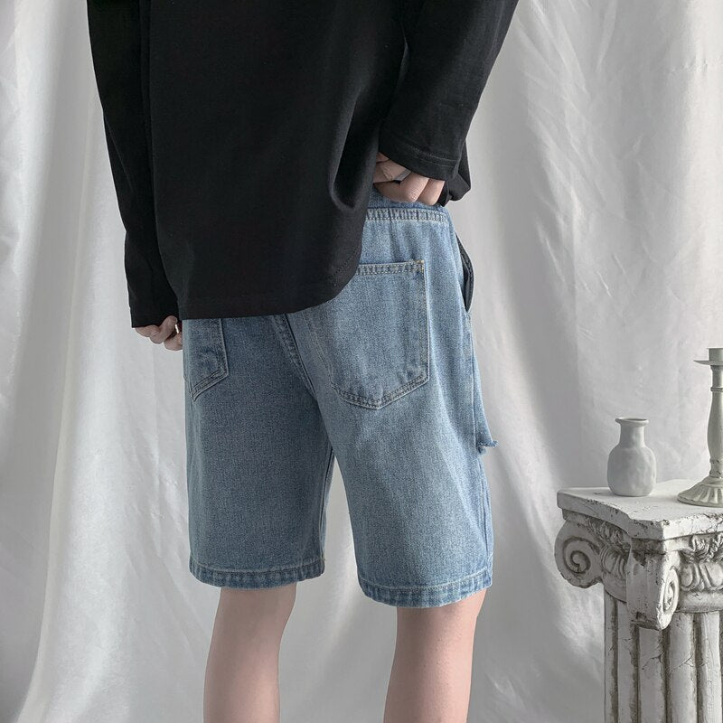 Summer New Streetwear Baggy Short Jeans Men Korean Fashion Loose Straight Wide Leg Denim Shorts Male Brand Black Blue