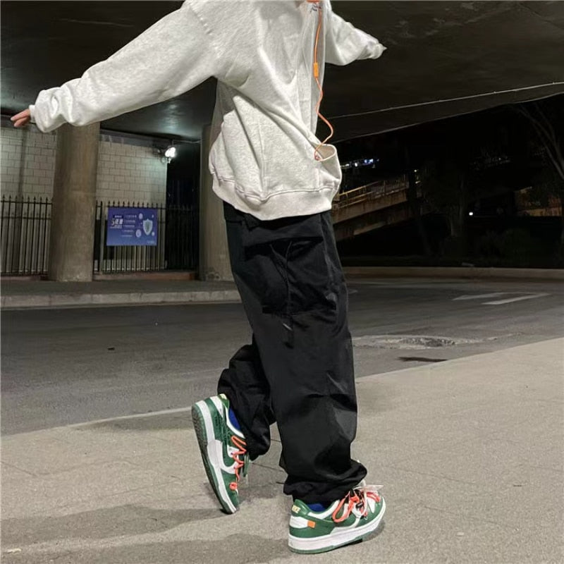 Men's Parachute-Style Hip-hop Street Overalls Oversized Pocket Trousers Harajuku Loose Solid Color Casual Pants Y2K Legged Pants