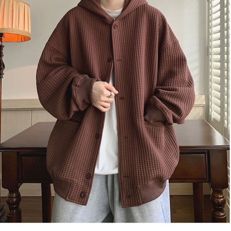 Spring Autumn Winter Fashion Casual Cardigan Jacket Men's Loose Cool Boys Soft Solid Button Hoodie Knitted Waffle Coat