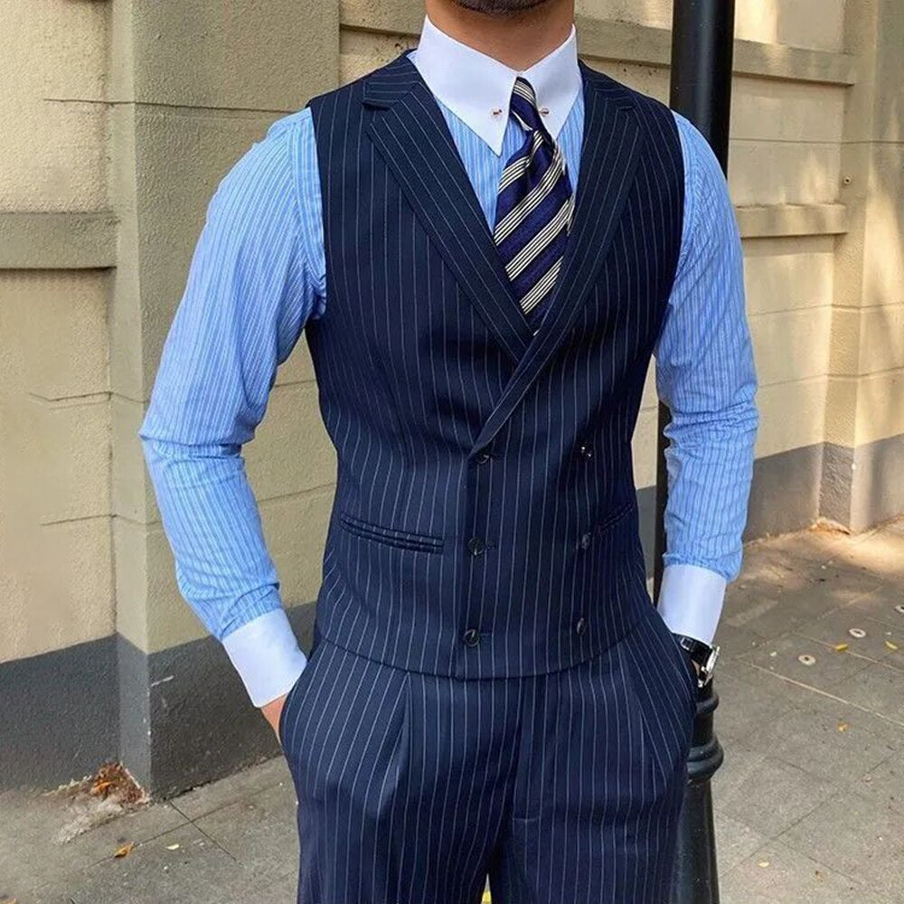 British Style Business Men's Striped Suit Vest Retro Double-breasted Elegant Slim Lapel Casual Men's Vest Retro Waistcoat Trendy