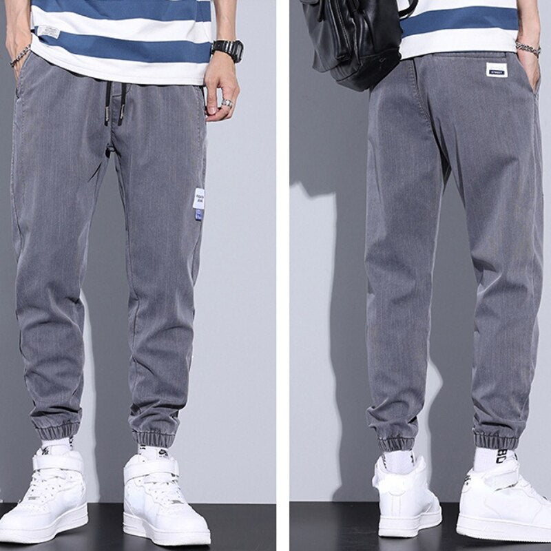 Spring Summer Jeans Men Cotton Thin Elastic Drawstring Waist Beam Feet Light blue Loose Joggers Sports Cargo Trousers Male