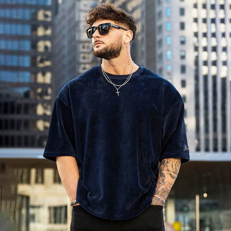 Summer Men's Ribbed T Shirts Fashion Letter Embroidery Loose Short Sleeve Tees 2023 Streetwear Men Clothes Casual Pullover Tops