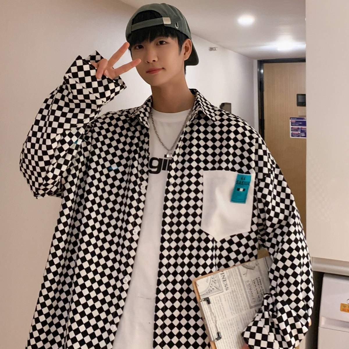 High street ins checkerboard long sleeved shirt men's spring clothes plus fat plus size trendy fat people loose casual coat