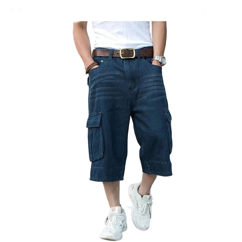 Men's Hip-Hop Wide-leg Denim Shorts Multi-Pocket Cropped Jeans  Loose Cargo Jeans Men Plus Size 44