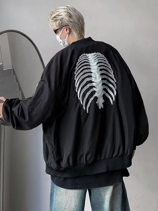 American High Street Hiphop Skeleton Embroidered Baseball Coat Men's Autumn Fashion Brand Dark Black Pilot Jacket fall