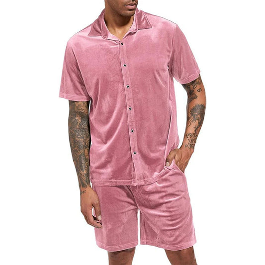 Beach Casual Mens Two Piece Sets 2024 Summer Fashion Fleece Solid Color Outfits Short Sleeve Button Shirts And Shorts Men Suits