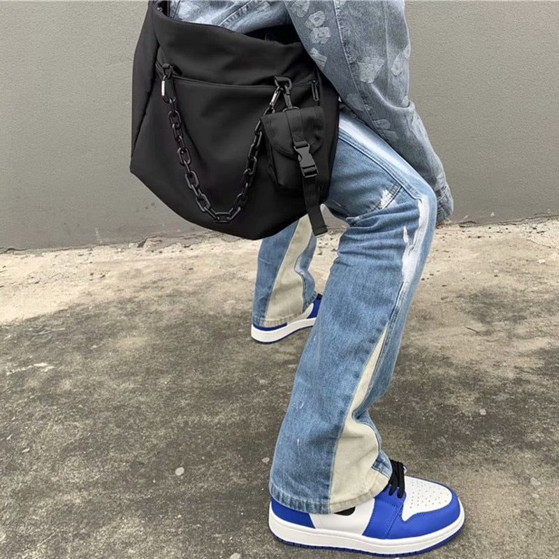 2023 Y2K Patchwork Washed Blue Baggy Flare Jeans Pants Men Clothing Straight Loose Vintage Old Denim Trousers Pantalones Hombre