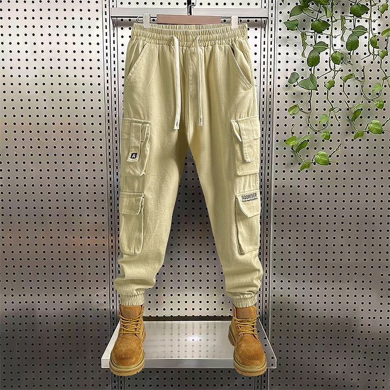 Men's Summer Trend Loose Vintage Solid Color Casual Fashion Sports Spliced Pocket Elastic Waist Drawstring Youth Cargo Trousers