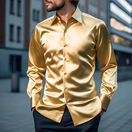 Luxury Satin Shirts Men Vintage Light Pure Color Slim Shirt Fall Fashion Long Sleeve Button Turn-down Collar Top Mens Streetwear