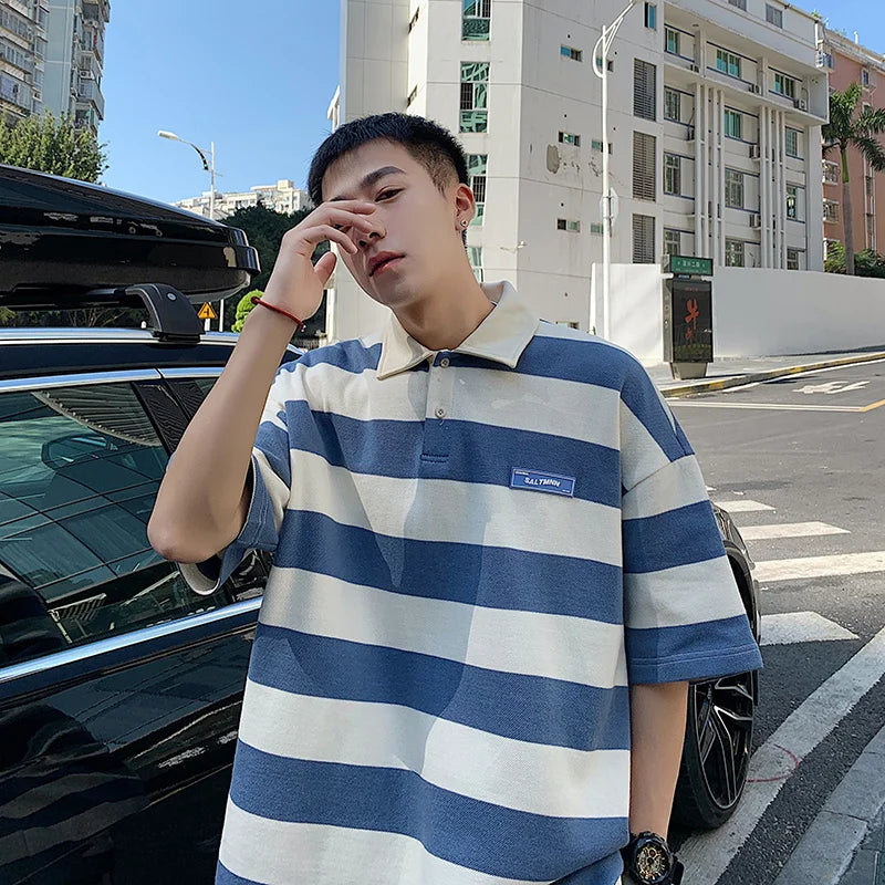 Striped Short Sleeve T-shirt Men's Summer Fashion Brand Versatile Loose Polo Ins Trendy Harbor Style Label Lapel Upper Garment