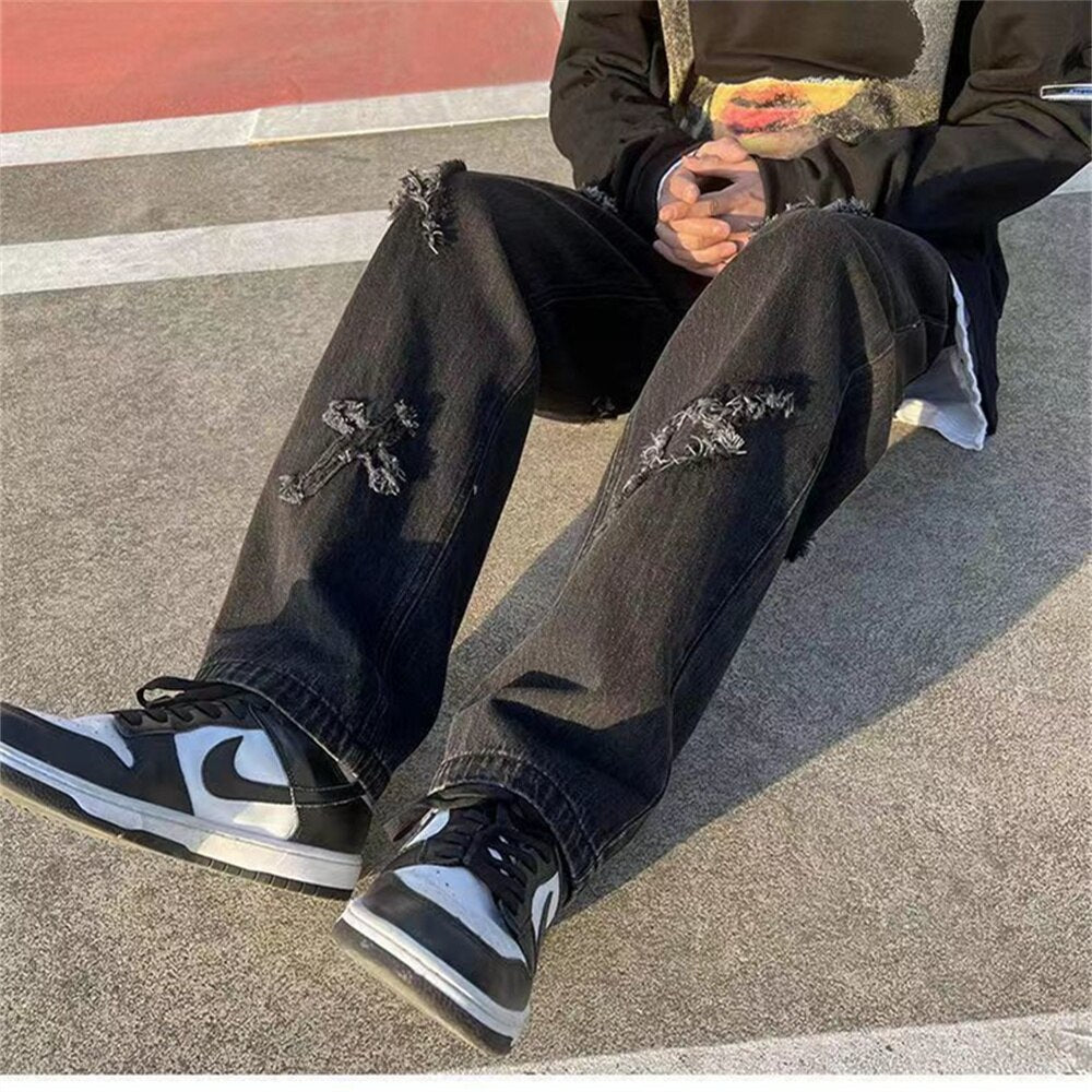 Men's Denim Pants Fashion Loose Wide Leg Jeans Casual Streetwear Printed Cross Trousers jeans Pants Baggy Men Jeans