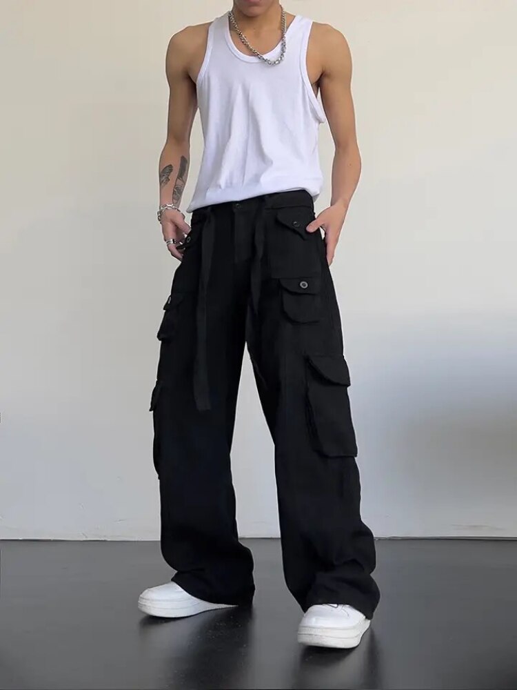 Vintage Cargo Pants Men Large Pocket Loose Straight Trousers Male Classic High Waist Green Black Pants Fashion Spring