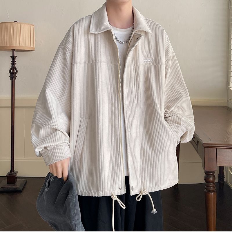 Spring Fashion Men's Casual T-Shirt Loose Soft Versatile Tops Zipper Corduroy Jacket Coat Cool Boys Solid Printi Drawstring